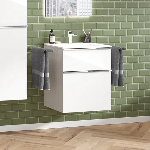 Griff Premium Waschbecken mit Unterschrank 60 cm weiß glänzend lackiert mit zwei Schubladen Waschtisch Badmöbel Badezimmer Schrank Badschrank