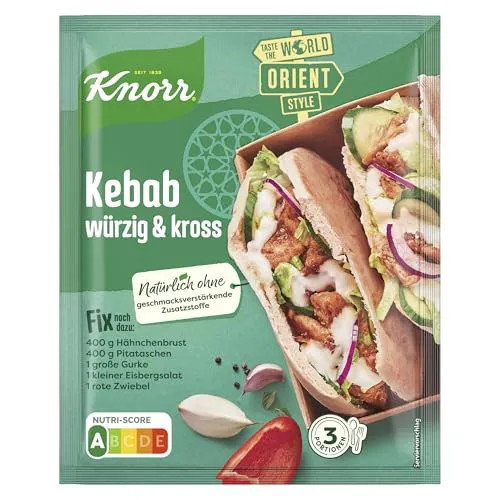 Knorr Fix Würzmischung Kebab 30 g - Fixprodukt für ein geschmackvolles und krosses Hähnchengericht, hergestellt ohne geschmacksverstärkende Zusatzstoffe und mit nachhaltig angebauten Zwiebeln.