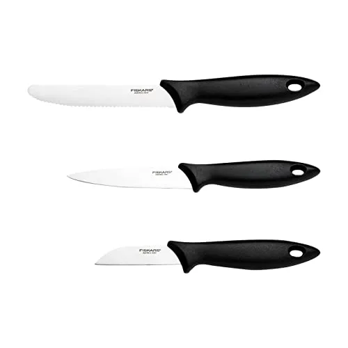 Fiskars Gemüsemesser-Set 3-teilig - Praktisches 3-teiliges Gemüsemesser-Set mit Schälmesser, Gemüsemesser und Tomatenmesser aus rostfreiem japanischem Stahl. Robuste Griffe sorgen für sicheres Schneiden. Spülmaschinengeeignet und leicht zu reinigen.