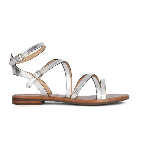 Geox Damen D Sozy S G Flat Sandal, Silver, 37 EU - Wanderschuhe mit flachem Absatz und schnallen Verschluss, ideal für Komfort und Stil bei sommerlichen Abenteuern.