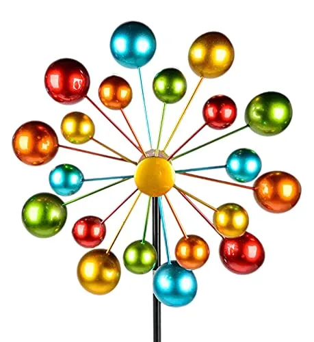 Windrad für den Garten aus Metall – Buntes Windspiel in Orange/Blau/Rot/Grün/Gelb - Verschönern Sie Ihren Garten mit diesem farbenfrohen Windrad. Die unabhängigen, kugelgelagerten Räder sorgen für einen tollen Effekt im Wind. Mit festem Stand durch den stabilen 3-teiligen Gartenspieß. Höhe: 124 cm, Breite: 33 cm.