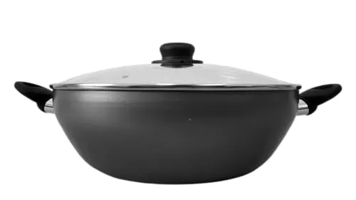 Home Theory Wok aus Aluminium, 32 cm, antihaftbeschichtet, mit Deckel, große antihaftbeschichtete Wokpfanne für asiatische und indische Küche, Doppelgriffe, ungiftige Bratpfanne mit Deckel,