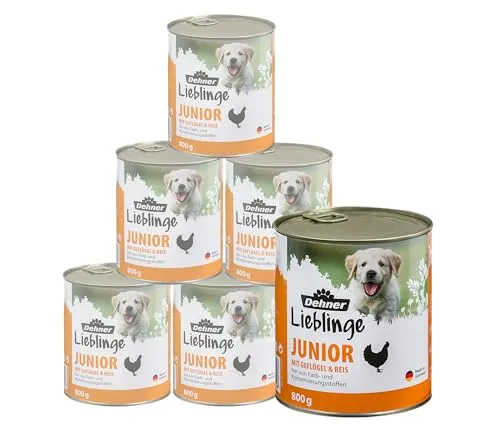 Dehner Hundefutter, Nassfutter vitaminreich, für Welpen und junge Hunde, Geflügel / Reis, 6 x 800 g Dose (4.8 kg)