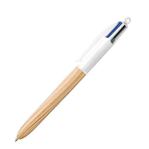 BIC 4-farbiger Holzeffekt-Stift, einziehbarer mehrfarbiger Stift mit blauen, schwarzen, roten und grünen Tinten, 1,0 mm mittlere Spitze für Schulbüroaufgaben und tägliche Farbcodierung (1 Stück)