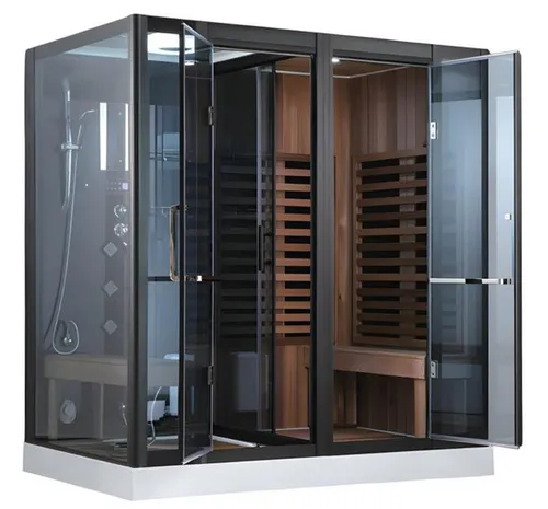 Wellness-Sauna mit Dusche 200x130 cm – Multifunktionsdusche für Ihr Zuhause - Trockensauna für Innen- und Außenbereich aus hochwertigem Massivholz. Ideal für entspannende Auszeiten. Maße: 200 x 130 x 220 cm. Montage erforderlich, 2 Jahre Herstellergarantie.