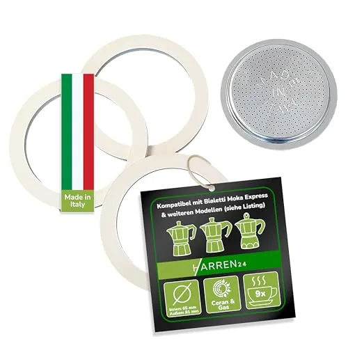 Harren24 Filter und 3x Dichtung für Espressokocher, kompatibel mit Bialetti Espressokanne für 9 Tassen, Ø außen 81 mm, 8,1 cm, Ø innen 73 mm, 7,3 cm, Ersatzdichtung, Dichtungsring