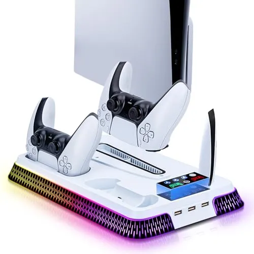 Wigearss PS5 Kühler Standfuß mit Dual Controller Ladegerät - Ladegerät für PS5 mit 3-stufigem Kühlventilator, RGB-Beleuchtung und Überladeschutz für sicheres und schnelles Aufladen der Controller.