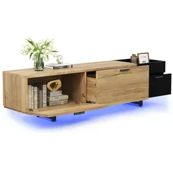 Modfu TV-Schrank Schwarz, 180x49x38 cm, mit LED-Beleuchtung - Stylischer TV-Schrank in modernem Schwarz mit natürlichem Holzton, bietet durchdachten Stauraum und eine schwebende Optik. Ideal für jedes Wohnzimmer, schafft Ordnung und ist einfach zu reinigen.