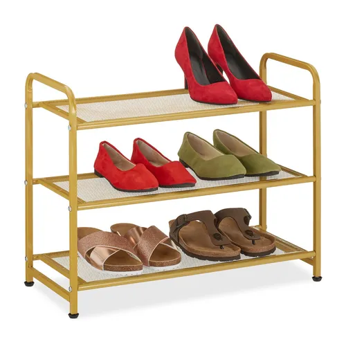 Schuhregal 3 Ablagen – Verstellbarer Schuhorganizer in Gold - Schuhaufbewahrung mit 3 verstellbaren Ablagen, ideal für bis zu 10 Paar Schuhe. Elegantes Design in Gold, freistehend und geeignet für jedes Zimmer.
