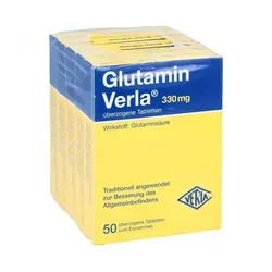 Glutamin Verla überzogene Tabletten - Arzneimittel zur Besserung des Allgemeinbefindens, wichtig für den Gehirnstoffwechsel, gluten- und lactosefrei, seit über 50 Jahren bewährt.