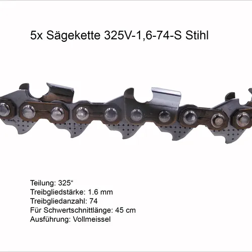 Stihl Sägeketten Rapid Super (RS) 325 1.6mm 74 TG - Set mit 5 Stück - Hochwertige Sägeketten für präzise Schnitte, ideal für Profis und Hobbygärtner, geeignet für 45 cm Schwertlängen.