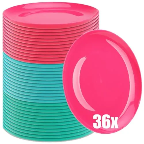 com-four® 36x Teller - wiederverwendbare Kunststoffteller in bunten Farben - bruchfeste, leichte Mehrzweckteller für Camping, Gartenparty, Picknick & Alltag (36 Stück - grün/türkis/pink)
