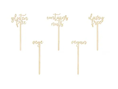 PartyDeco Tischaufleger Holztischaufleger Candy Bar Schilder Hochzeit Kommunion Geburtstag Vegan Vege Glutenfrei Enthält Nüsse