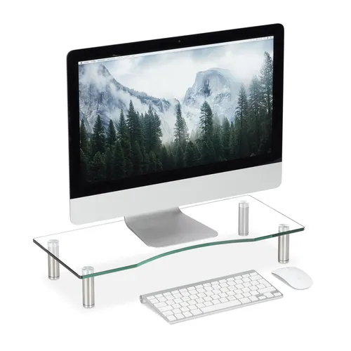 Höhenverstellbarer Bildschirmständer aus Glas - Monitor-Halterungen & -Ständer, eleganter und stabiler Stand für Ihren Monitor oder Laptop, verbessert die Ergonomie und schafft Platz auf Ihrem Schreibtisch.
