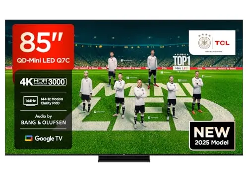 TCL 85Q7CX2 QLED Mini LED-Fernseher - 85 Zoll Smart-TV mit Google TV und beeindruckendem Audio von Bang & Olufsen. Genießen Sie atemberaubende 4K HDR-Bilder und präzises Dimming für ein unvergleichliches Fernseherlebnis.