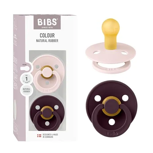BIBS Colour Schnuller 2er-Pack, BPA-frei, Kirschform Nippel. Naturkautschuk/Latex, Hergestellt in Dänemark, Größe 1 (0-6 Monate) - Petal/Plum