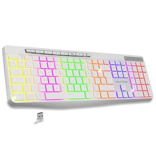 AD ADVANCE R-Typ, kabellose Tastatur, leise, wiederaufladbar, ergonomische Tasten, beleuchtet, französisches Layout, lange Akkulaufzeit, Verbindung 2,4 GHz, kompatibel mit Windows, Mac, PC, Weiß