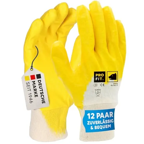 PRO FIT Nitril-Handschuh 12 Paar – Arbeitshandschuhe, Mechaniker-Handschuh, Schutzhandschuhe, Gartenhandschuhe ¾ beschichtet, Montagehandschuhe - Gelb, Gr. 11