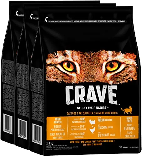 Crave Premium Trockenfutter für Katzen – Truthahn & Huhn, 3 x 2,8 kg - Getreidefreies Adult-Katzenfutter mit hohem Proteingehalt aus 100% natürlichem Huhn. Ideal für Katzen mit sensibler Verdauung und ohne künstliche Zusätze.