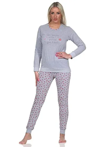NORMANN-Wäschefabrik Damen Schlafanzug Langarm mit Bündchen Pyjama Kussmund Print - 102 201 10 703, Farbe:grau, Größe:44-46