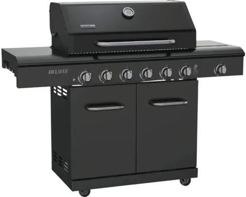nexgrill Gasgrill 6B Deluxe - 6+1 Brenner in Matt Schwarz - Standgrill mit 21 kW Gesamtleistung, ideal für große Grillpartys. Mit robusten Gusseisenrosten und praktischem Seitenkochfeld für vielseitiges Grillvergnügen.
