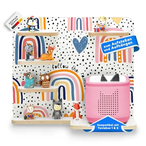 stadtecken Holzregal passend für Toniebox 2 I Geeignet für ca. 30 Tonies I Perfekte Aufbewahrung im Kinderzimmer I Regal zum Aufstellen oder Aufhängen (Follow The Rainbow, Mit Schmalen Boden)