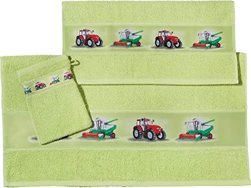 Erwin Müller Kinder Handtuch-Set, Frottier-Set 3-TLG. Traktor grün Größe 70x110 cm + 50x70 cm + 15x21 cm - 1 Handtuch, 1 Badetuch, 1 Waschhandschuh - kuschelig weich, saugstark