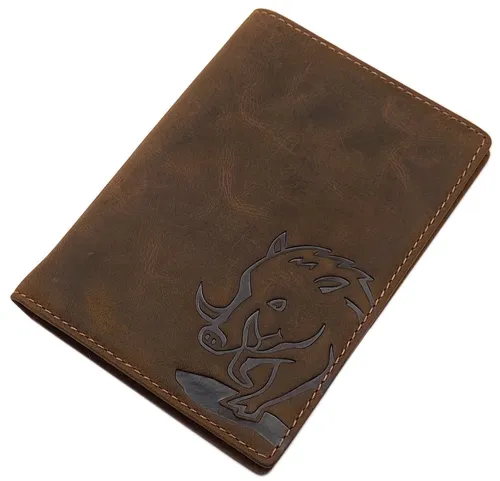 Büffel-Vollleder Ausweismappe Ausweisetui Ausweistasche mit Wildschwein-Motiv