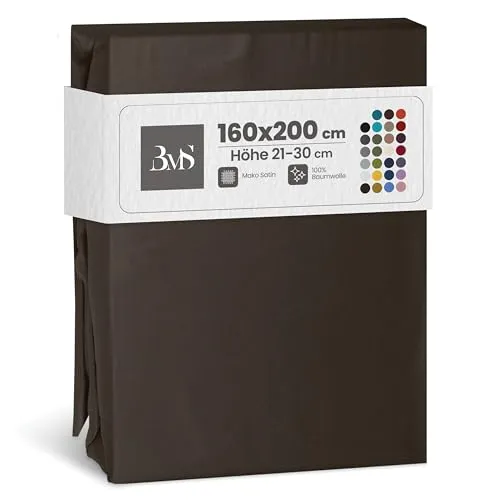 Bettwaesche-mit-Stil Mako Satin Spannbettlaken Spannlaken Spannbetttuch (160 cm x 200 cm, Matratzenhhöhe 21-30cm, Espresso Braun)