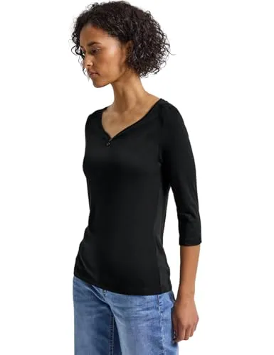 Street One Damen 3227964 Basic Shirt mit Knopfdetail, Schwarz, Größe 36 - T-Shirt für Damen mit gerundetem V-Ausschnitt und modischem Knopfdetail, ideal für lässige Outfits und vielseitig kombinierbar.