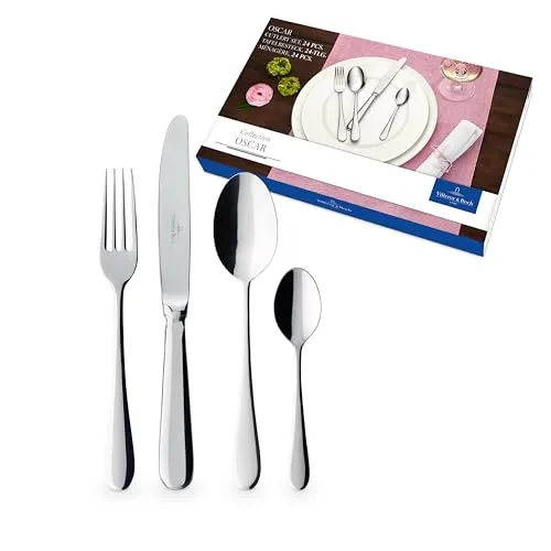 Villeroy & Boch Oscar Tafelbesteck 24 teilig für 6 Personen - Elegantes Besteckset aus rostfreiem Edelstahl, spülmaschinenfest und ideal für Alltag und Festlichkeiten. Hochwertige Monoblockmesser mit feinem Wellenschliff für besonderen Genuss.