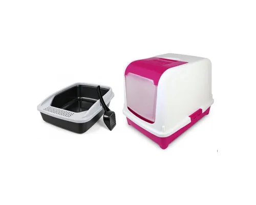 COFI 1453 Katzentoilette 2er-Set- schwarz-graue Schalentoilette und weiß-rötliche Haubentoilett, Offene Siebschale und große Haubentoilette mit Klappfront