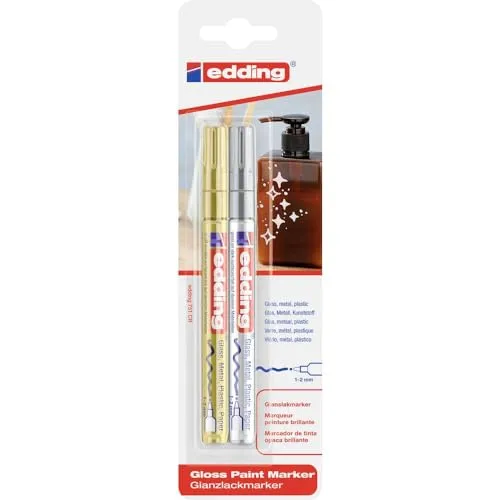 edding 751 Glanzlackmarker - gold, silber - Packung mit 2 Lackmarkern - Rundspitze 1-2 mm - Lackstift für Glas, Stein, Holz, Kunststoff und Papier - wasserfest, stark deckend