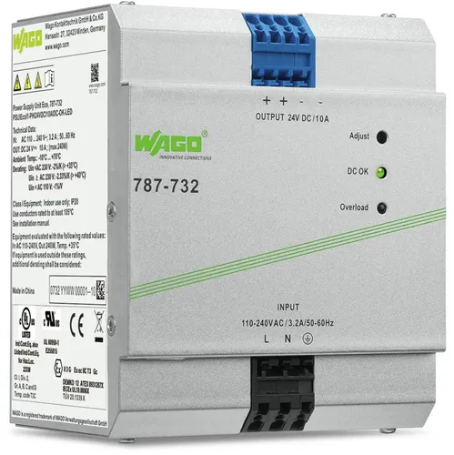 WAGO 787-732 ECO-NETZGERÄT 24V 10A - Energieeffizientes 1-phasiges Netzgerät für Schaltschränke, mit stabilisierter Ausgangsspannung und Selbstkühlung, ideal für Steuerungstechnik im Garten- und Elektrobedarf.