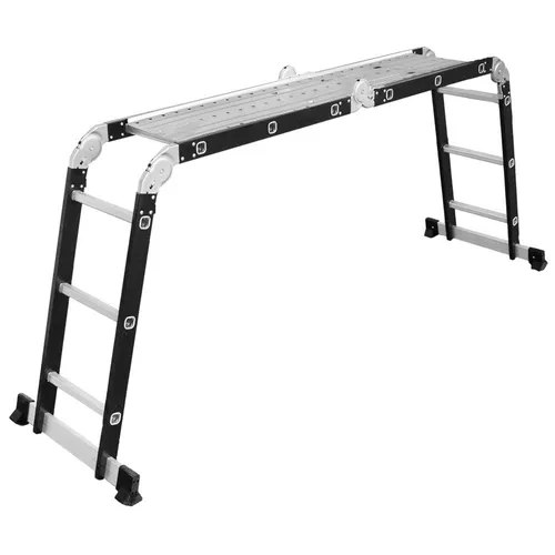 DRABEST Gelenkleiter 4x3 mit Plattform - Mehrzweckleiter aus Aluminium und Stahl, bis 125 kg belastbar. Flexibel einsetzbar in vier Konfigurationen, inklusive stabiler Arbeitsplattform für Sicherheit und Komfort.