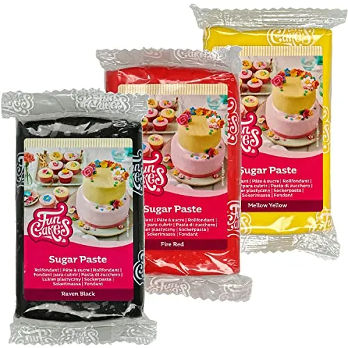 AOS Set | Funcakes Rollfondant 3er Set 750g Deutschland | 3x 250g Schwarz & Rot & Gelb | einfach zu verwenden, glatt, flexibel, weich und biegsam | perfekt zum Dekorieren von Kuchen & Torten