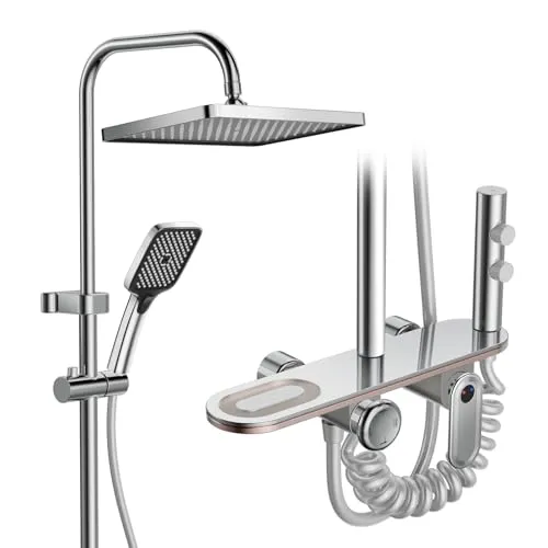 WRMING Regendusche mit Armatur, Chrom Duschsystem mit Ablage, 30x20cm Kopfbrause, Edelstahl Duscharmatur Komplettset, 3 Strahlarten Handbrause, Unterer Auslauf, Duschset für Heimische Badezimmer