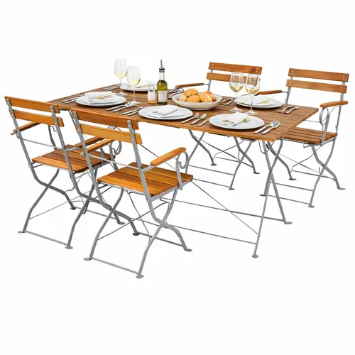 Biergarten Set Klapptisch + 4 Klappstühle Akazie 120x70cm - Gartenmöbel-Set mit klappbarem Tisch und 4 Stühlen aus witterungsbeständigem Akazienholz, ideal für Garten, Terrasse oder Balkon. Platzsparend und robust, perfekt für gesellige Runden im Freien.