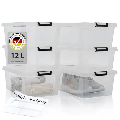 Hausfelder Aufbewahrungsbox 12l (6er Set) mit Deckel und Verschlussclips - Praktische, stapelbare 12l Aufbewahrungsboxen für eine transparente und platzsparende Lösung. Ideal für Kleidung, Spielzeug und mehr, mit stabilen Clips für sicheren Verschluss.
