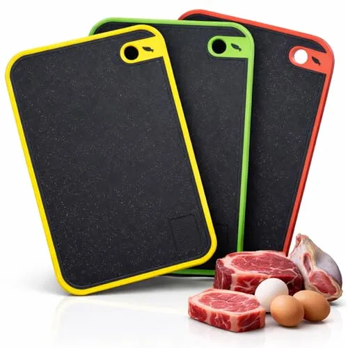 Schneidebrett 3er Set, Schneidebretter Kunststoff Groß, Küchenbrett Rutschfest mit Saftrille & Knoblauchpresse Rille, Frühstücksbrettchen Antibakteriell & Spülmaschinenfest für Obst/Gemüse/Fleisch