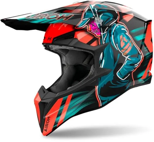 Airoh Wraaap Cyber Motocrosshelm - Schwarz/Orange/Petrol - S - Motorradhelm mit aggressiver Optik und optimiertem Belüftungssystem, ideal für Anfänger und erfahrene Fahrer. ECE 22.06 zugelassen und in drei Größen erhältlich.