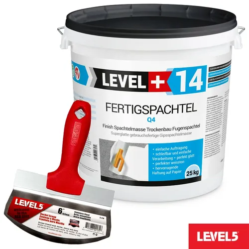 Spachtel Masse 25kg Fertigspachtel Finish mit Eimerschaber Set - Mörtel, Putz, Zement & Gips: Hochwertige Fertigspachtel für perfekte Oberflächen mit einer Schichtdicke von bis zu 3 mm, ideal für den Innenausbau.
