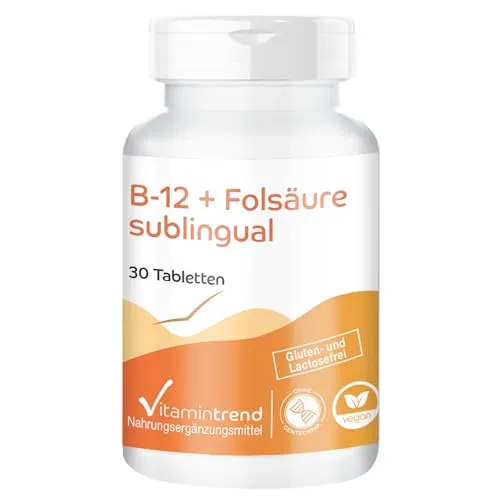 Vitamin B-12 + Folsäure sublingual ! 1-MONATS-VORRAT ! 30 Tabletten mit 500μg Vitamin B12, 100µg Folsäure & Acerola - hohe Dosierung - vegan - bioverfügbare Supplements aus Deutschland | Vitamintrend®