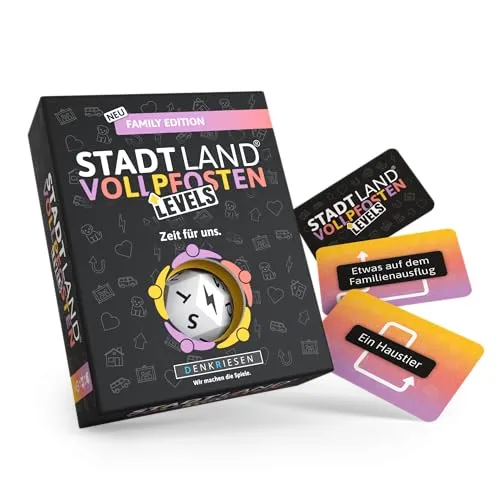 DENKRIESEN - Stadt Land Vollpfosten® Levels – Family Edition – Zeit für Uns. | 60 Karten | ab 8 Jahren | ca. 30-60min | 2-6 Spieler | Familienspiel | Reisespiel | Stadt Land Fluss