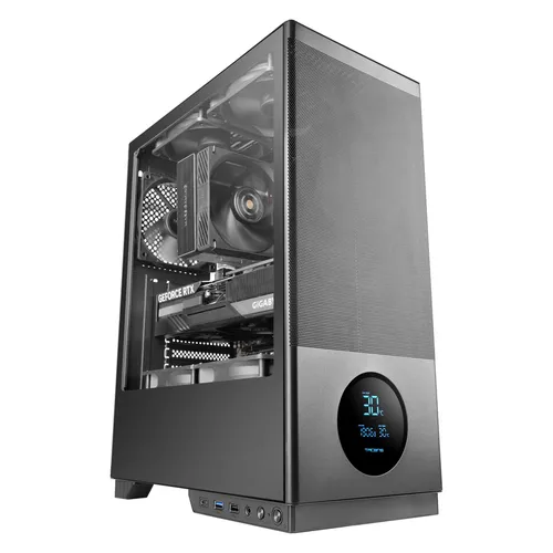 Tacens SAGITTA20, ATX PC-Gehäuse, LED-Bildschirm mit Echtzeit-Temperaturen, 3X 120mm Lüfter, Seitliches Gehärtetes Glas, Front Mesh Metall Staubschutz, CableHatch, USB-C, Schwarz