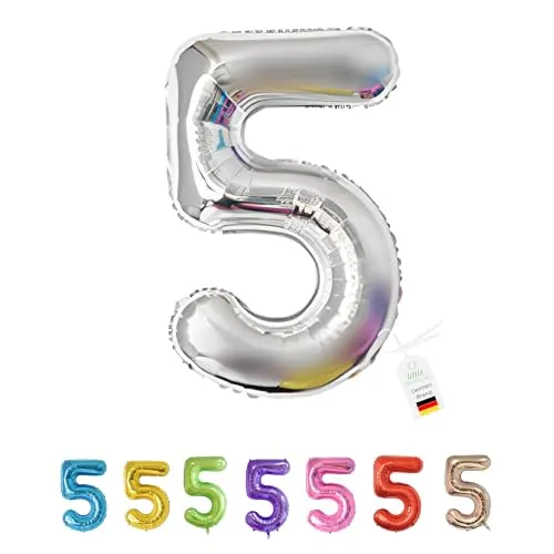 LITTLE BIRTHDAY | Zahlen Luftballon | Folienballon | Helium Gas Balloon Ballon | 101 cm | 0 1 2 3 4 5 6 7 8 9 in vielen Farben | Geburtstag | Kindergeburtstag | Deko | silber 5