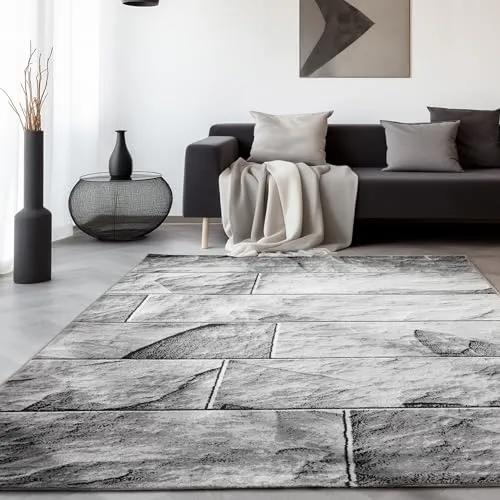 SIMPEX Teppich Wohnzimmer Schlafzimmer Esszimmer Teppich Läufer Flur Küchenteppich Modernes Steinmuster Soft & Weich Kurzflor Pflegeleicht Home Farbe: Schwarz, 80 x 150 cm