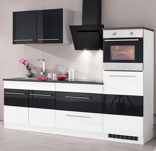 KOCHSTATION Küchenzeile KS-Trient 240 cm mit E-Geräten - Küchenzeilen – Kompakte Küchenzeile mit durchgehender Arbeitsplatte und integrierten E-Geräten für effizientes Kochen und viel Stauraum.