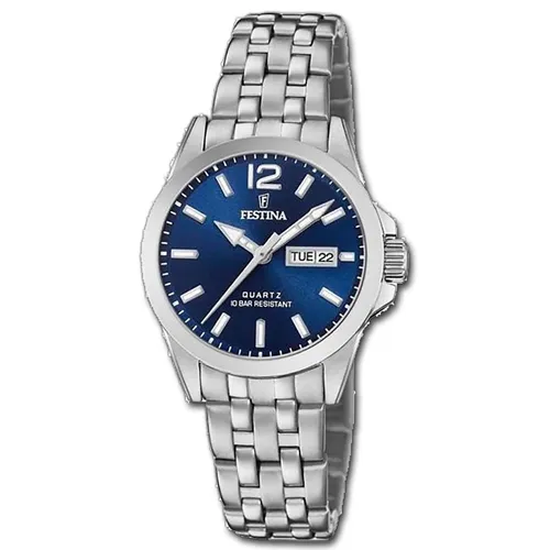 Festina F20455/3 Damenuhr Edelstahl Datum Silber/Blau - Elegante Damenuhr aus Edelstahl mit blauen Zifferblatt, Quarzwerk und 10 bar wasserdicht. Perfekt für stilbewusste Frauen!