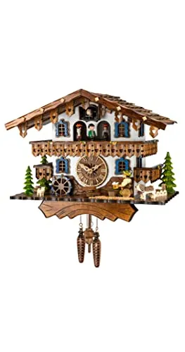 Engstler Quarz Kuckucksuhr Schwarzwaldhaus mit beweglichem Biertrinker und Mühlrad, mit Musik